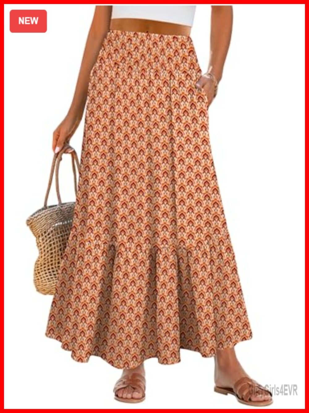 Women's Boho Floral Maxi Skirt High Waisted Tiered Flowy Beach Skirt with